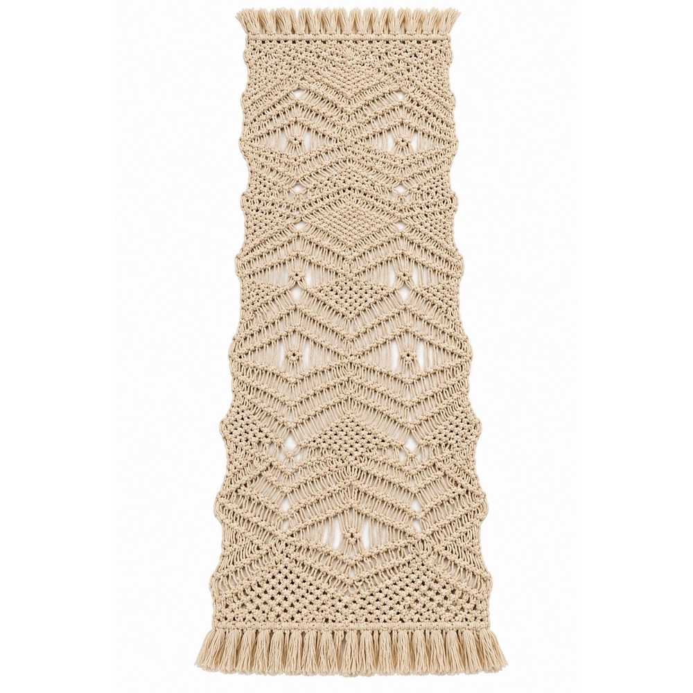Boho Macrame Table Runner Wall Tapestry Cream Beige Fringe 70" x 14"